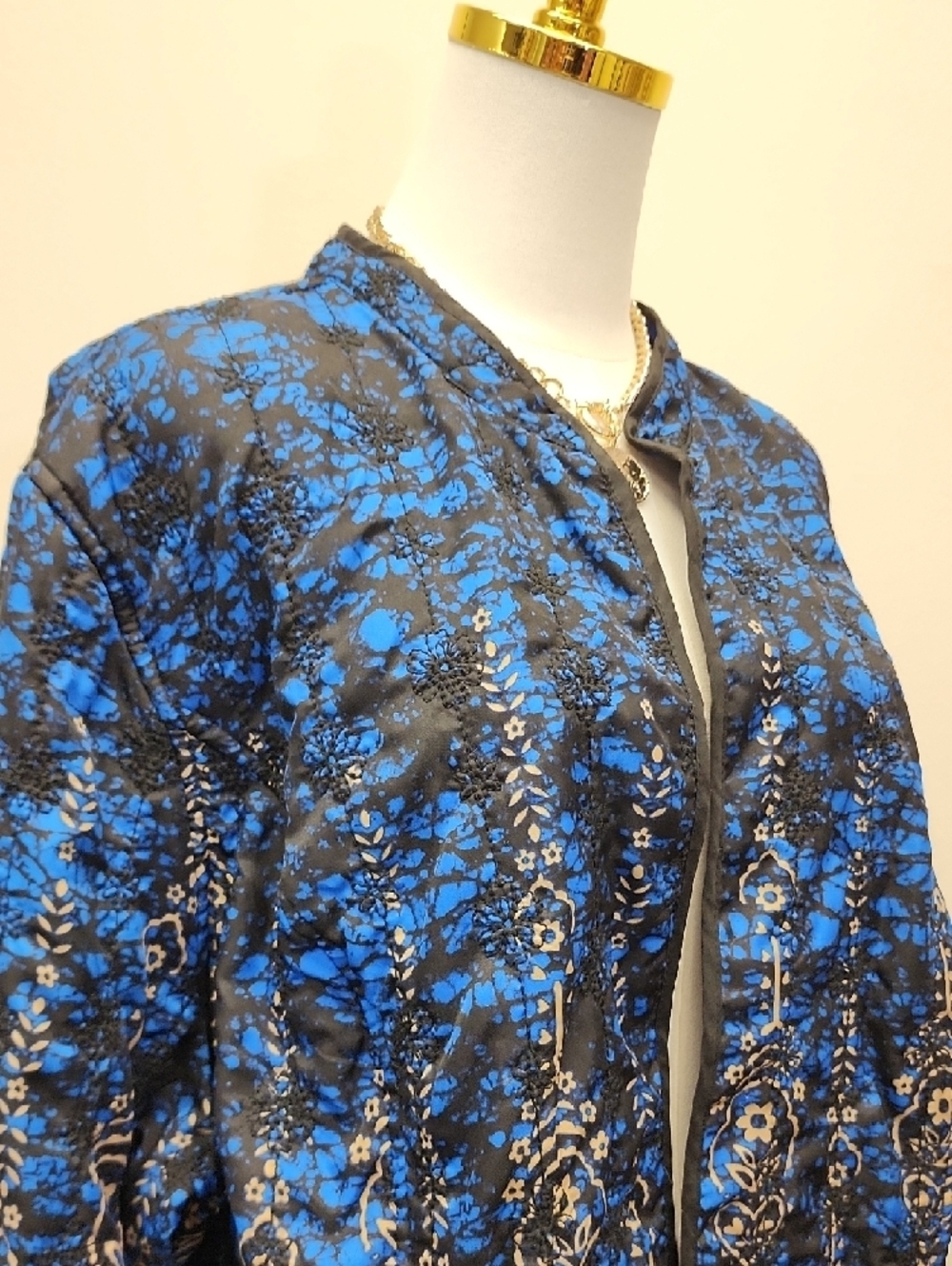 Reversible Quilted Jacket Blue Black Floral Boho Lightweight Coat Large - Picture 6 of 10